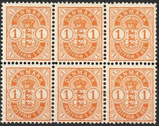 FRIMÆRKER DANMARK | 1901-02 -  AFA 37 - 1 øre orange i 6-blok - Postfrisk